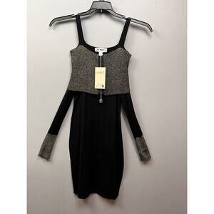 Say What Ribbed Knit Bodycon Dress‎ Womens Small Black Silver Sparkle Zip NEW
